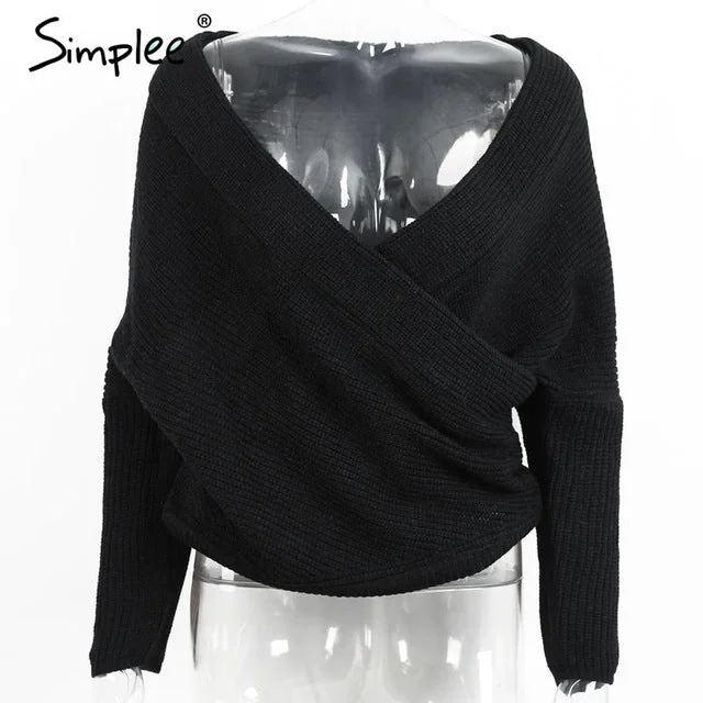 Simplee Sexy thick pullovers white sweater women Autumn winter retro batwing sleeve gray jumper Elegant loose v neck sweaters