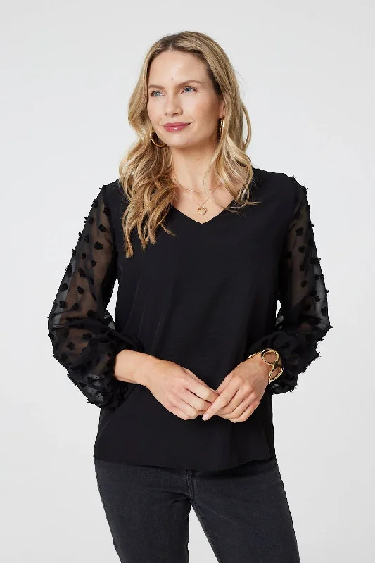 Polka Dot Semi Sheer V-Neck Blouse