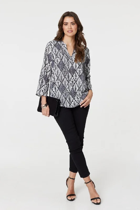 Leaf Print 3/4 Sleeve Curve Hem Blouse