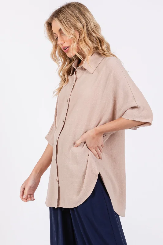 Beige Linen Dolman Half Sleeve Button Down Top