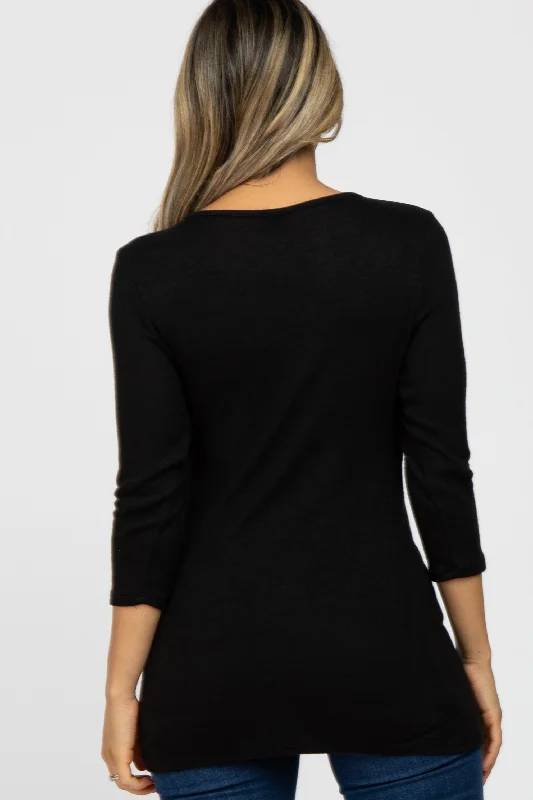 Black Brushed Knit Wrap Top