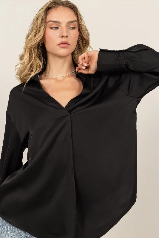 Black Collared V-Neck Satin Blouse