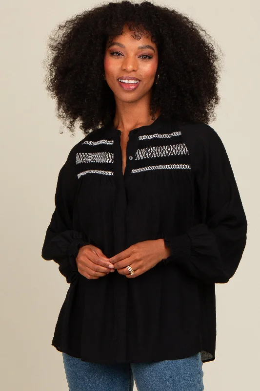 Black Embroidered Smocked Blouse