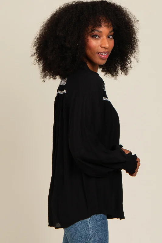 Black Embroidered Smocked Blouse