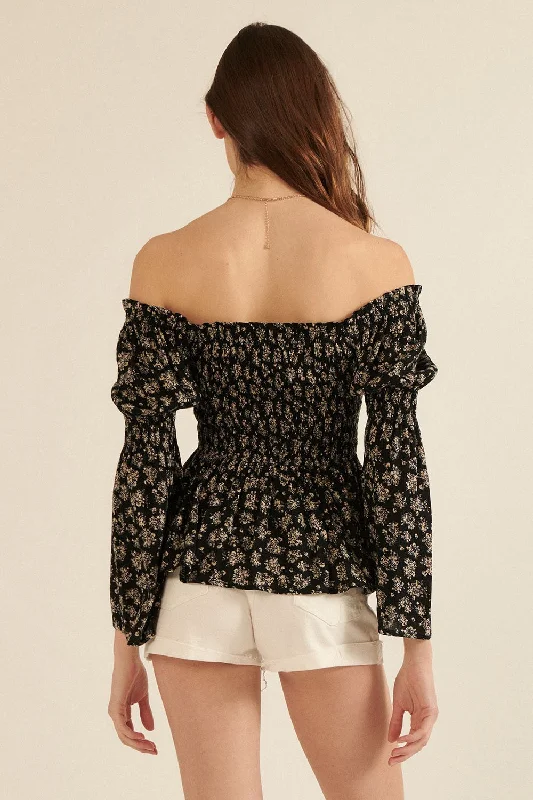 Black Floral Print Off-Shoulder Peasant Top