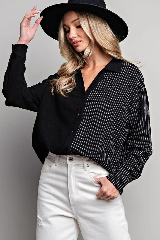 Black Half Stripe Button Down Top