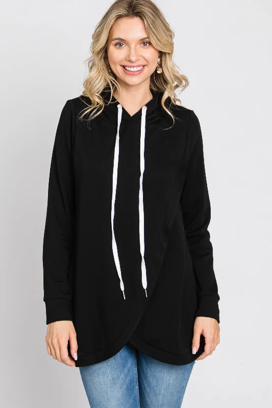 Black Layered Front Nursing Fleece Hoodie