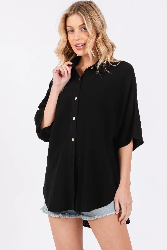 Black Linen Dolman Half Sleeve Button Down Top