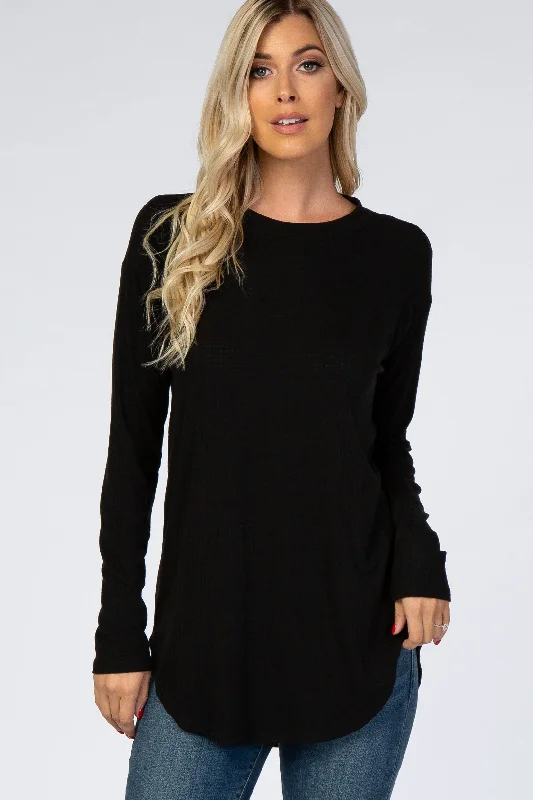 Black Long Sleeve Round Hem Textured Top