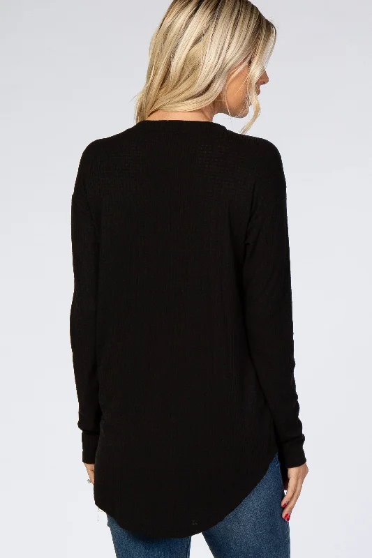 Black Long Sleeve Round Hem Textured Top