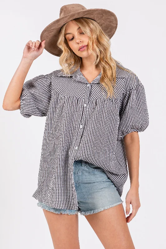 Black Plaid Button Down Top