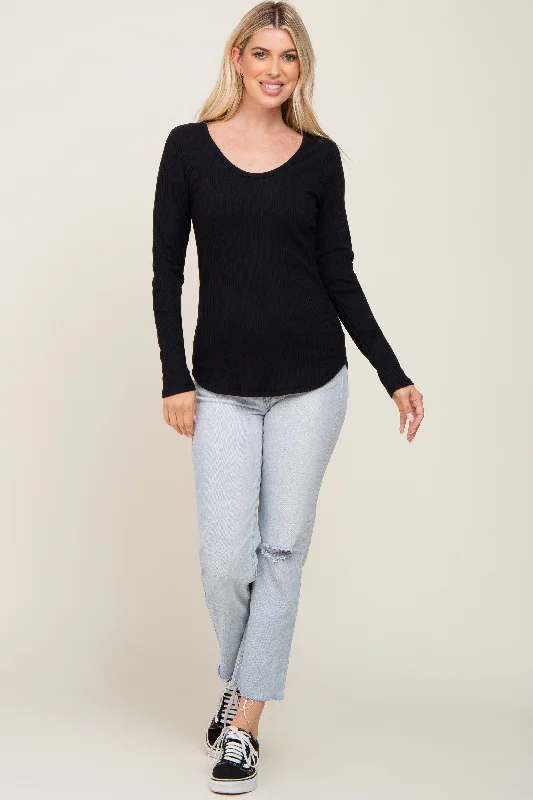 Black Ribbed Scoop Neck Long Sleeve Top