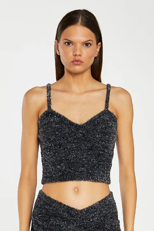 Black-Silver Tinsel Knitted Cami Crop-Top