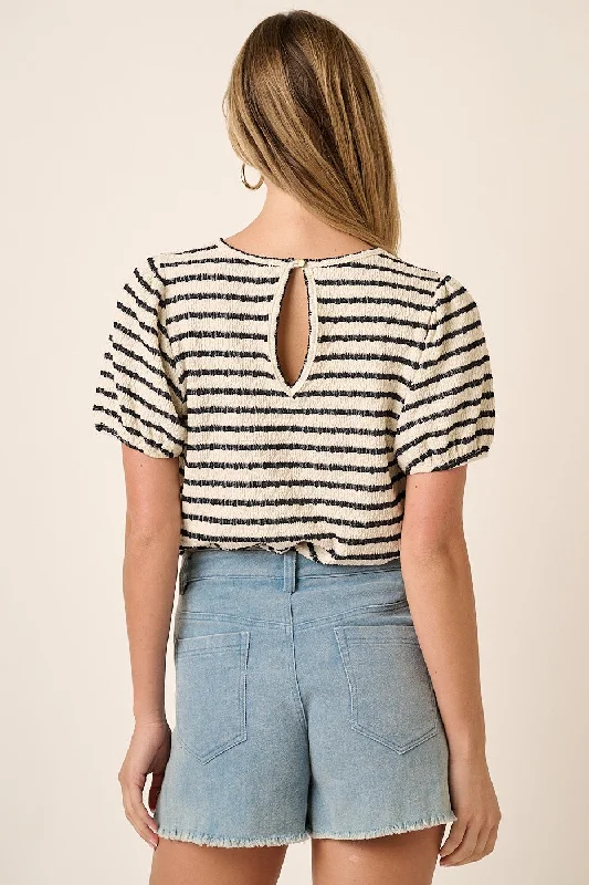 Black Striped Textured Puff Sleeve Top