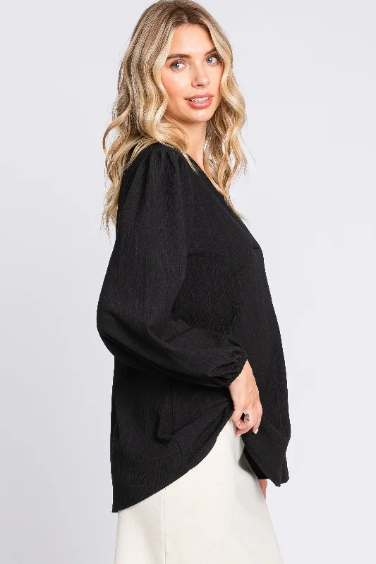 Black Textured Long Sleeve Blouse