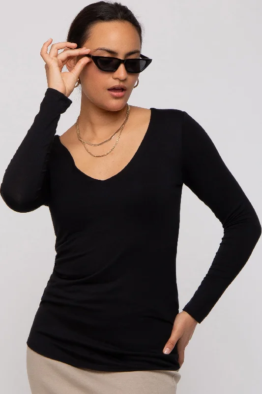 Black V-Neck Long Sleeve Top