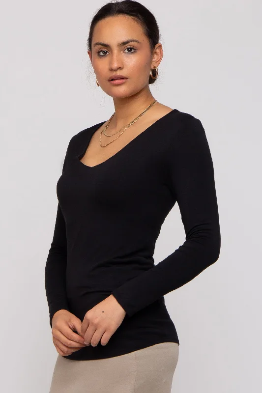 Black V-Neck Long Sleeve Top