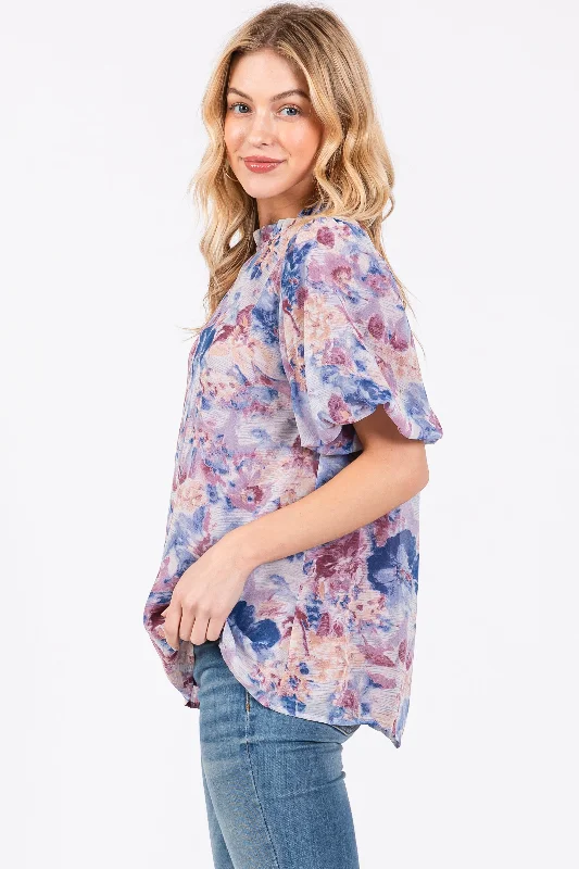 Blue Floral Puff Sleeve Blouse