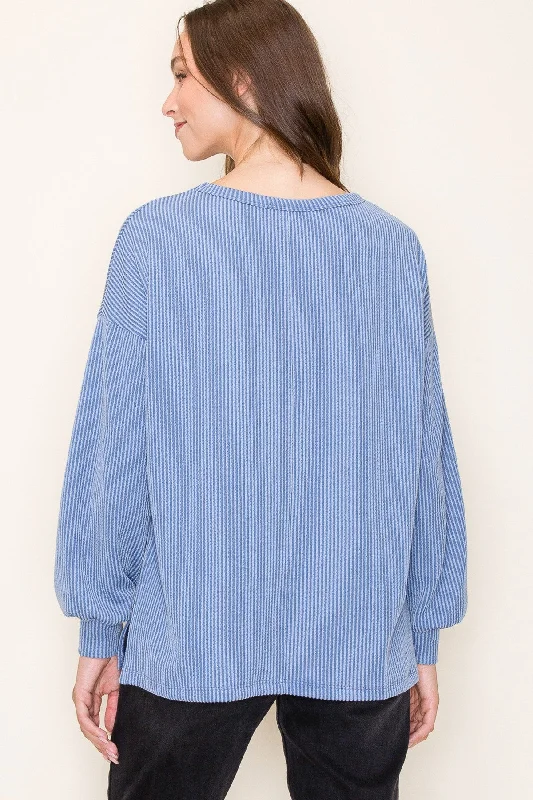 Blue Ribbed Long Sleeve Top