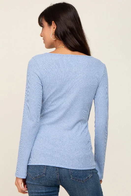 Blue Ribbed Long Sleeve Wrap Nursing Top