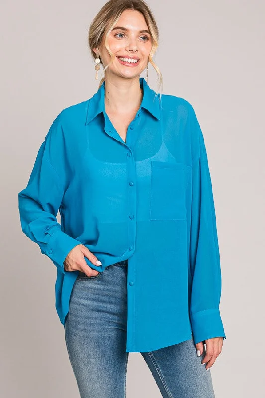 Blue Sheer Button Down Blouse