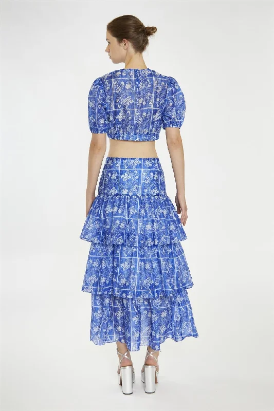 Blue-Tile Organza Puff Sleeve Crop-Top