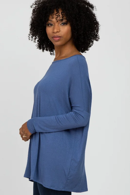 Blue Wide Neck Long Sleeve Top