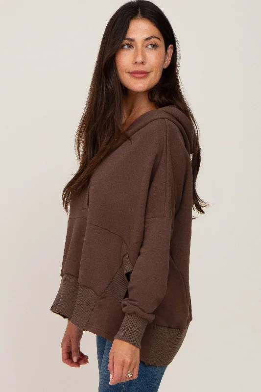 Brown Button Front Ribbed Trim Hooded Sweatshirt