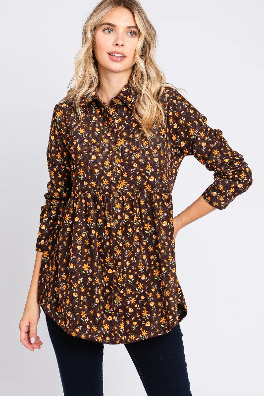 Brown Floral Corduroy Button Up Top