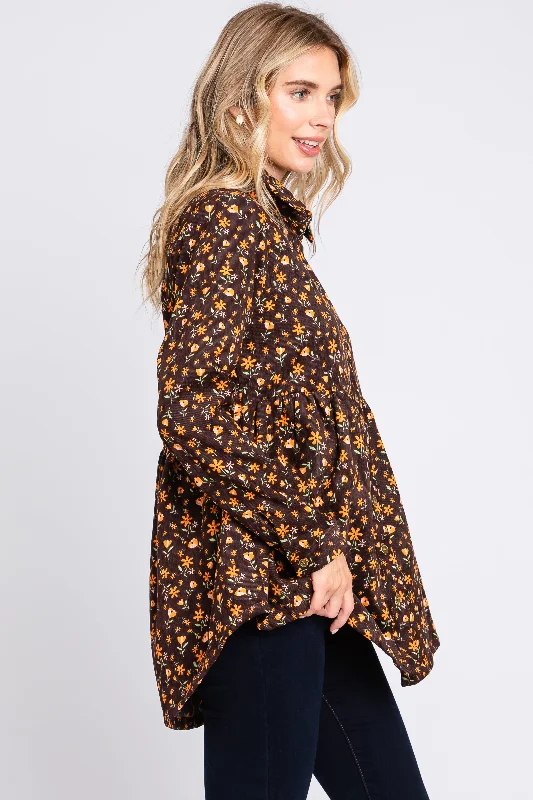 Brown Floral Corduroy Button Up Top