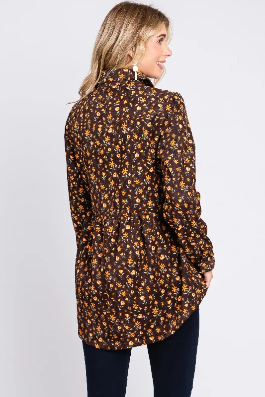 Brown Floral Corduroy Button Up Top