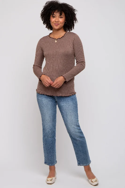 Brown Rib Knit Lettuce Trim Long Sleeve Top