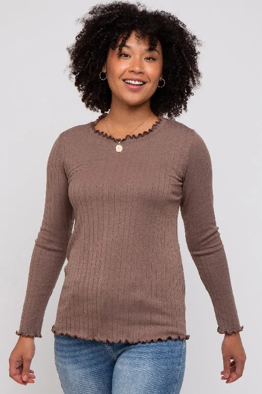 Brown Rib Knit Lettuce Trim Long Sleeve Top