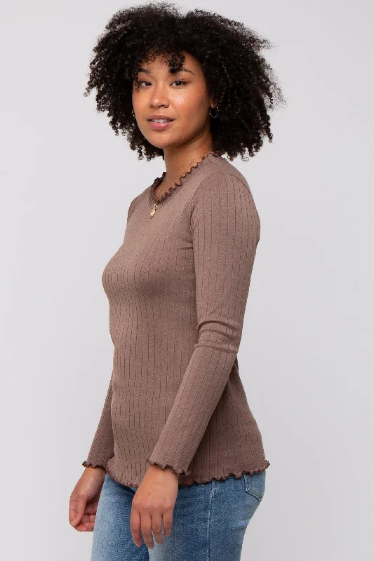 Brown Rib Knit Lettuce Trim Long Sleeve Top