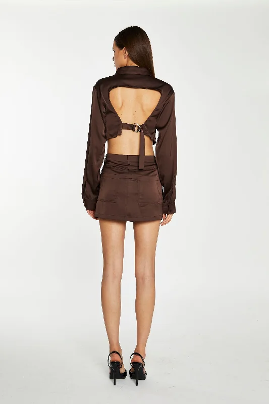 Brown-Satin Open-Back Crop-Shirt