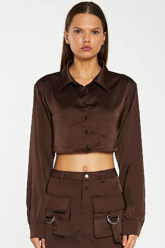 Brown-Satin Open-Back Crop-Shirt