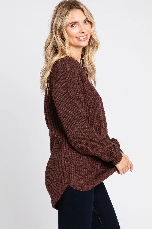 Brown Waffle Knit Round Hem Sweater