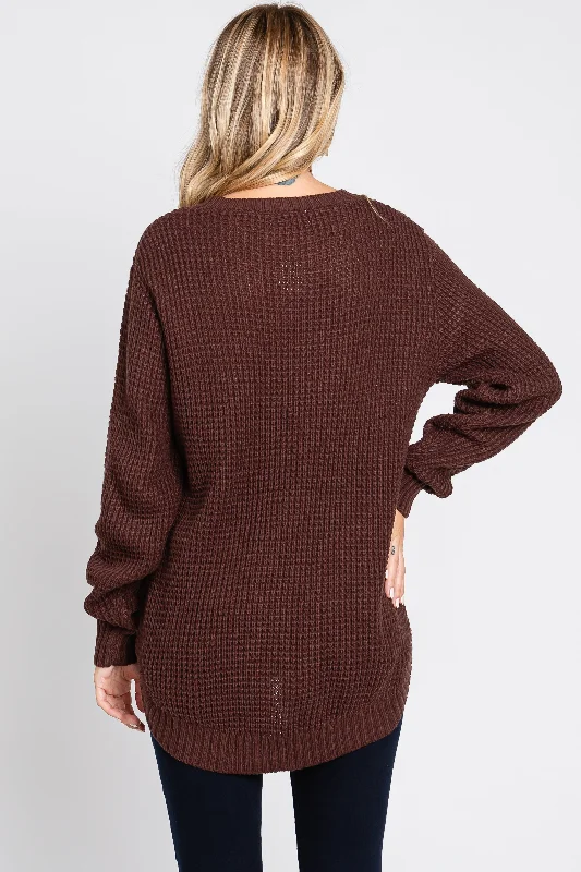 Brown Waffle Knit Round Hem Sweater