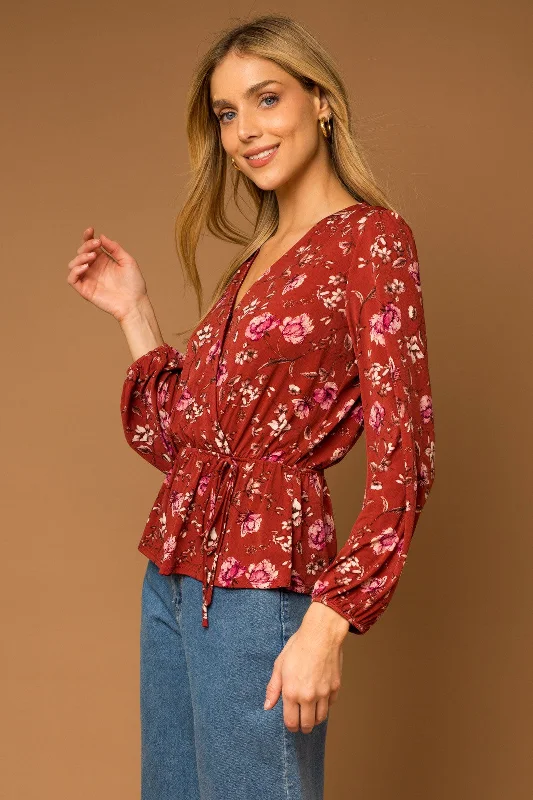 Burgundy Floral Long Sleeve V Neck Blouse