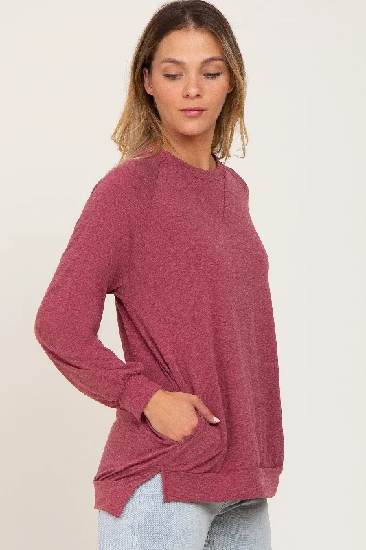 Burgundy Hi-Low Side Slit Long Sleeve Top