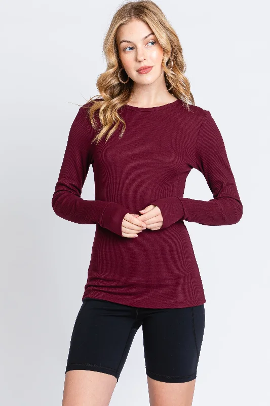 Burgundy Waffle Knit Basic Long Sleeve Top