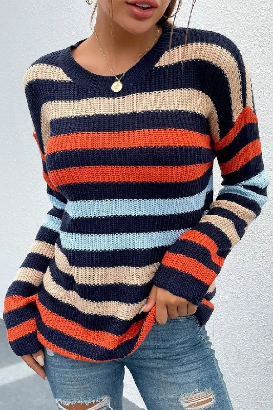 Color Block Substantial Striped Crew Neck Knit Sweater