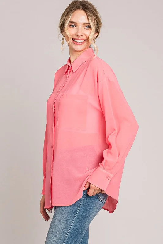 Coral Pink Sheer Button Down Blouse