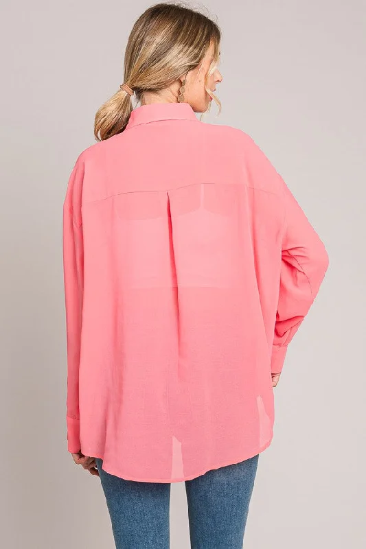 Coral Pink Sheer Button Down Blouse