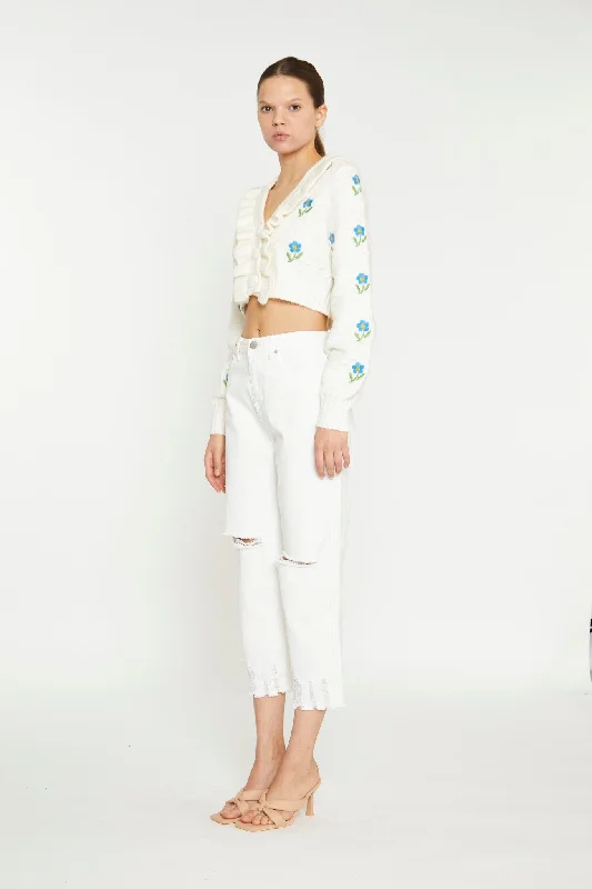 Cream Cropped Floral Embroidered Cardigan