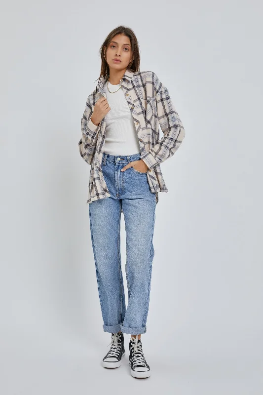 Cream Flannel Plaid Button Up Top