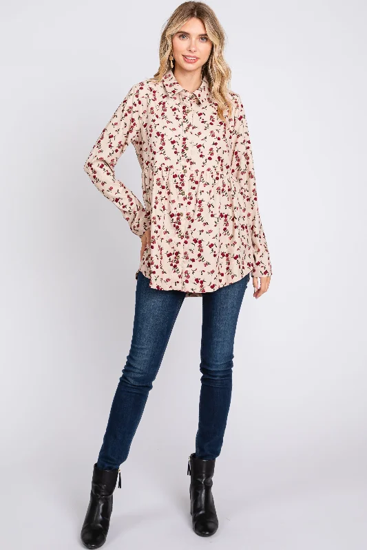 Cream Floral Corduroy Button Up Top