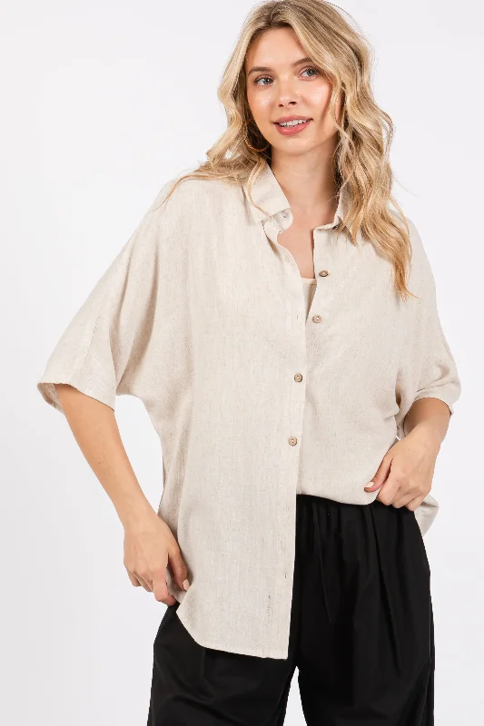 Cream Linen Dolman Half Sleeve Button Down Top