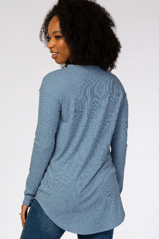 Denim Blue Long Sleeve Ribbed Top