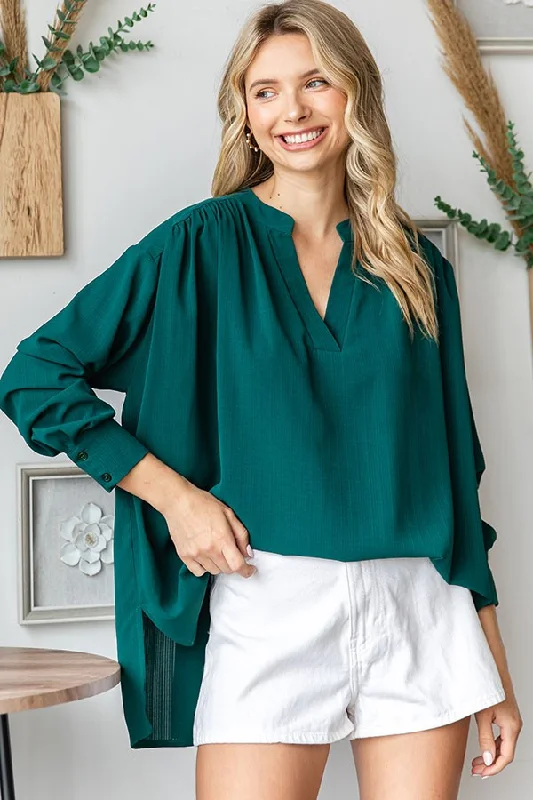 Forest Green V-Neck Oversized Blouse